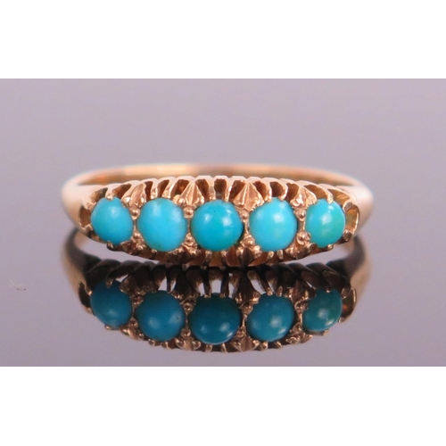 108 - 18ct Gold and Turquoise Five Stone Ring, size L, 2.6g