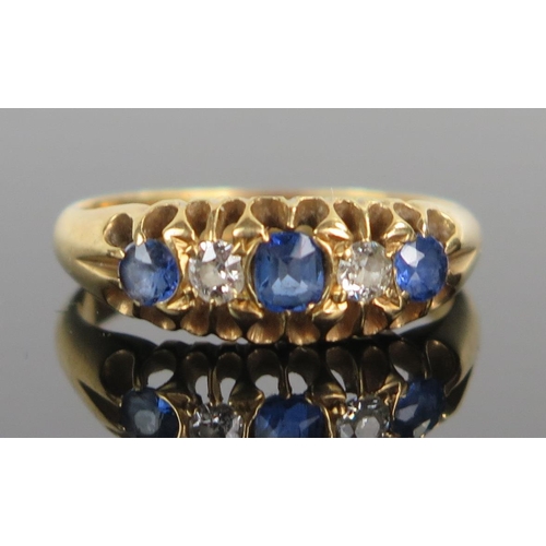 111 - 18ct Gold, Sapphire and Diamond Five Stone Ring, size I.5, 3.4g