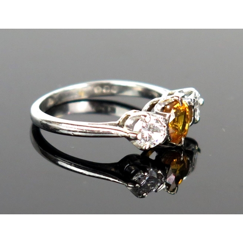 116 - Platinum, Diamond and Yellow Sapphire Trilogy Ring,  central stone c. 5mm diam., size J, 3.5g