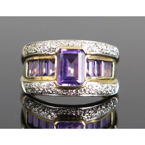 139 - 9K Gold, Amethyst and Diamond Dress Ring, size R.5, 4.8g