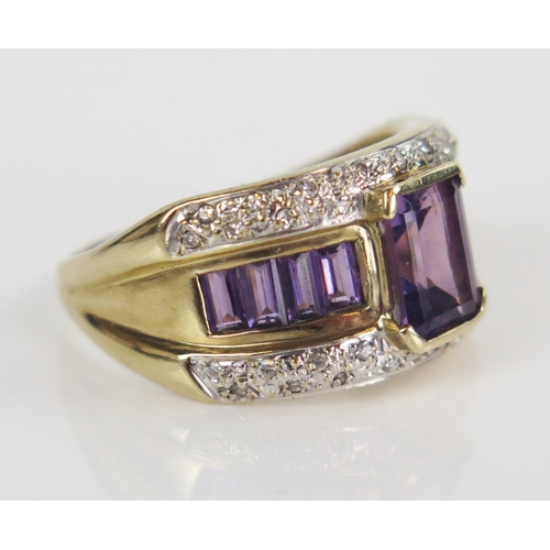 139 - 9K Gold, Amethyst and Diamond Dress Ring, size R.5, 4.8g