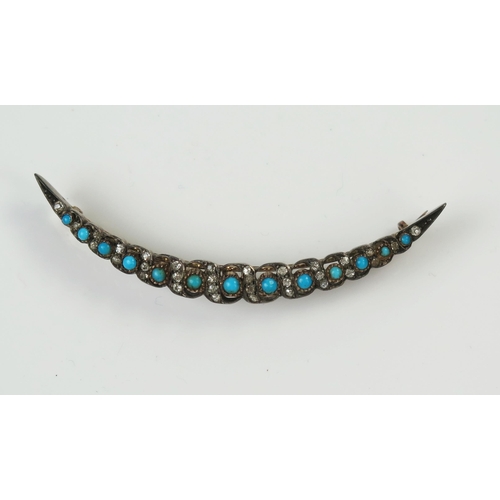 15 - Antique Turquoise and Old Cut Diamond Crescent Brooch in an unmarked high carat gold setting, 68mm, ... 