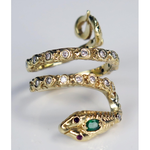 159A - Emerald and Diamond Snake Ring with ruby eyes with an unmarked 18ct gold setting, size P.5 -K.5, c. ... 