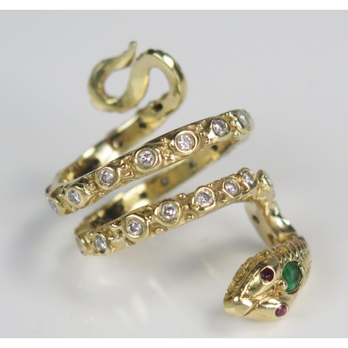 159A - Emerald and Diamond Snake Ring with ruby eyes with an unmarked 18ct gold setting, size P.5 -K.5, c. ... 