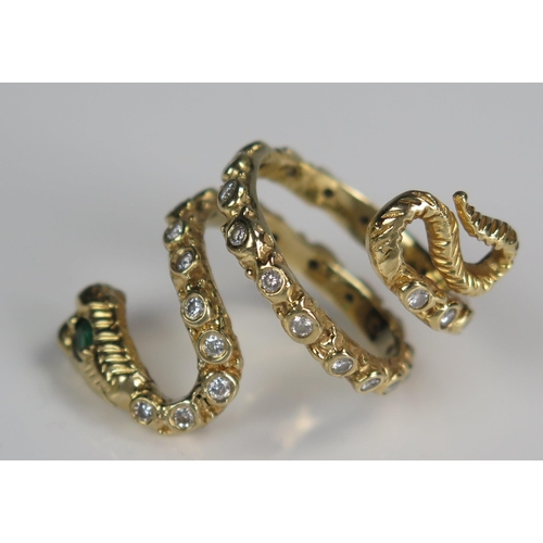 159A - Emerald and Diamond Snake Ring with ruby eyes with an unmarked 18ct gold setting, size P.5 -K.5, c. ... 