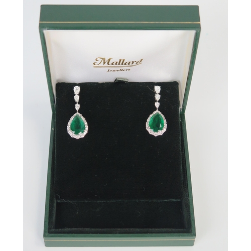 173 - Pair of 18ct White Gold, Emerald and Diamond Pear Drop Pendant Earrings, 13x9.5mm emeralds, c. 33mm ... 