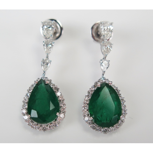 173 - Pair of 18ct White Gold, Emerald and Diamond Pear Drop Pendant Earrings, 13x9.5mm emeralds, c. 33mm ... 