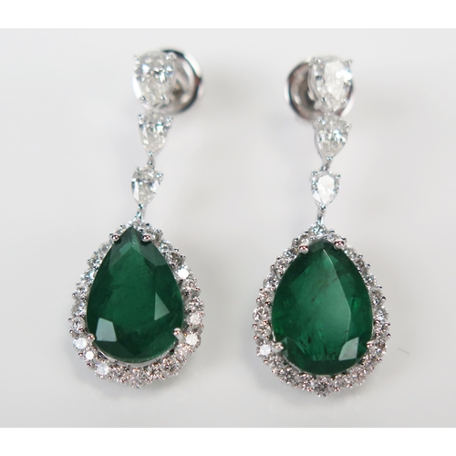 173 - Pair of 18ct White Gold, Emerald and Diamond Pear Drop Pendant Earrings, 13x9.5mm emeralds, c. 33mm ... 