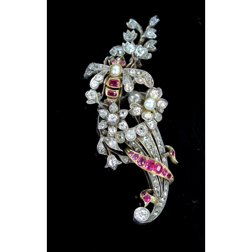 18 - Antique Bee and Foliate Spray Brooch set with rubies, old and rose cut diamonds and natural? pearls ... 