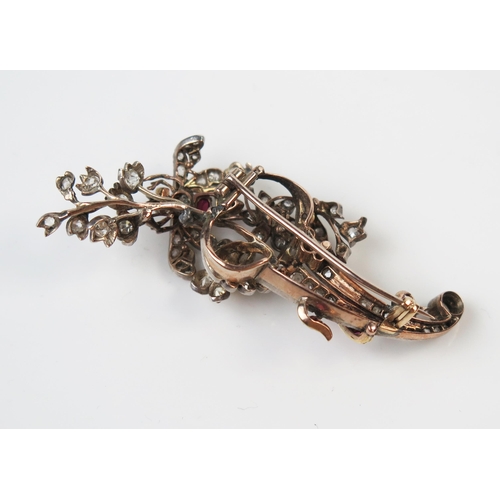 18 - Antique Bee and Foliate Spray Brooch set with rubies, old and rose cut diamonds and natural? pearls ... 