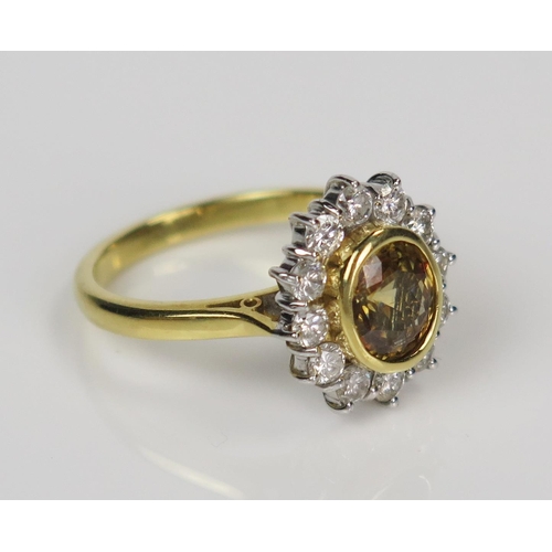 181 - 18ct Gold, Yellow Garnet and Diamond Cluster Ring, c. 7.5x6mm stone, 15x13.5mm head, size O, 6.5g