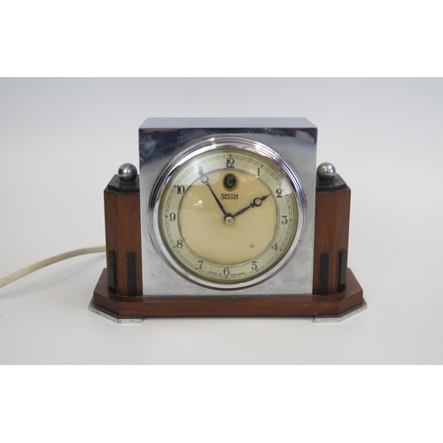 1856 - SMITH Electric Art Deco Chrome and Wood Mantle Clock, 18.5x12.5cm