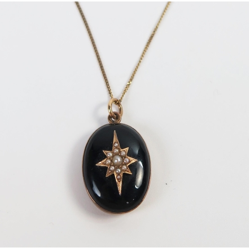 202 - Victorian Black Enamel and Pearl Mourning Pendant in a yellow metal mount (25mm drop) and on an 18.5... 