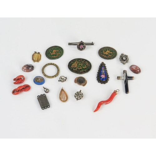 232 - 19th Century Coral Pendant (46mm drop), 19th century gilt jump ring and other oddments