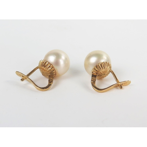 239 - Pair of 18ct Gold Mounted Pearl Earrings, 10mm diam., 4.5g