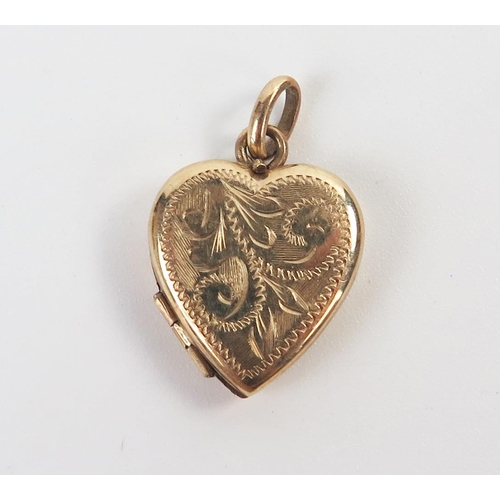 244 - 9ct Hallmarked Gold Heart Shaped Locket with chased foliate decoration, 22mm drop, 2.6g