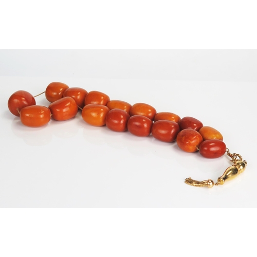 282A - Large Baltic Amber Mala Prayer Beads on 18ct gold chain with tassel, largest bead c. 27mm, beads c. ... 