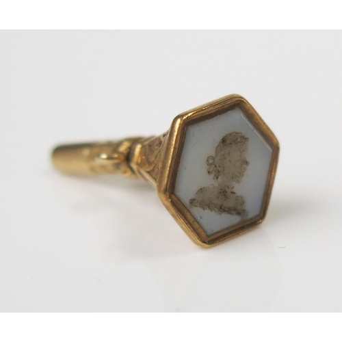 299 - Antique Gold Watch Key with chased foliate decoration and agate matrix with bust of lady, 20mm, 2.8g