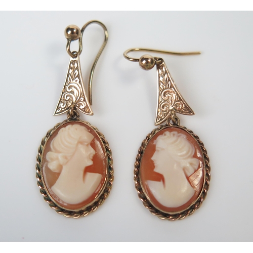 312 - Pair of 9ct Gold Shell Cameo Pendant Earrings, c. 35mm drop