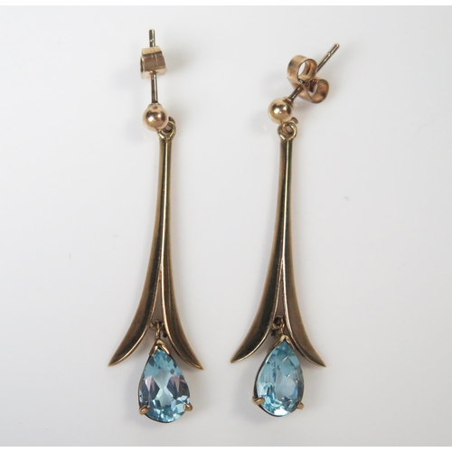 313 - Pair of 9ct Gold and Blue Topaz Pendant Earrings, 40mm drop, 3.6g