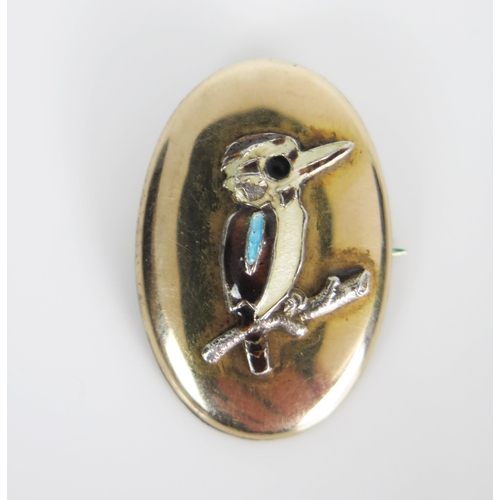 326 - Kookaburra Enamel Brooch on 9ct gold with silver lining, 28x19mm, 2.8g