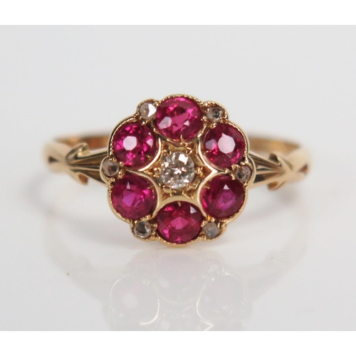 328 - Victorian 18ct Gold, Red and White Stone Cluster Ring, 10mm head, size O, 2.3g, Chester 1897, A.S