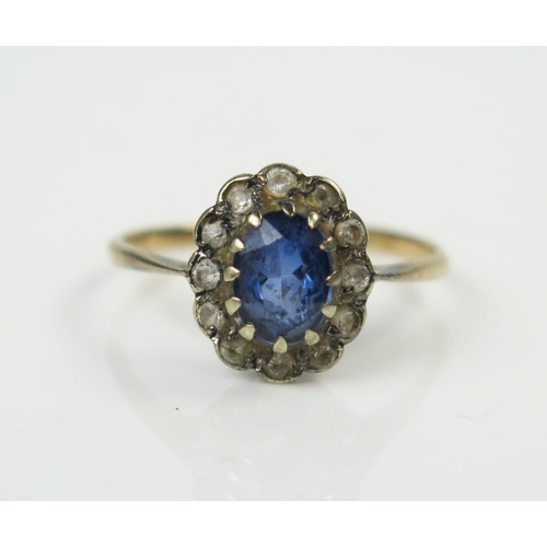 33 - Blue Spinel and White Stone Cluster Ring, unclear stamped marks 9 or 18ct, 11x10mm head, size O, 1.9... 