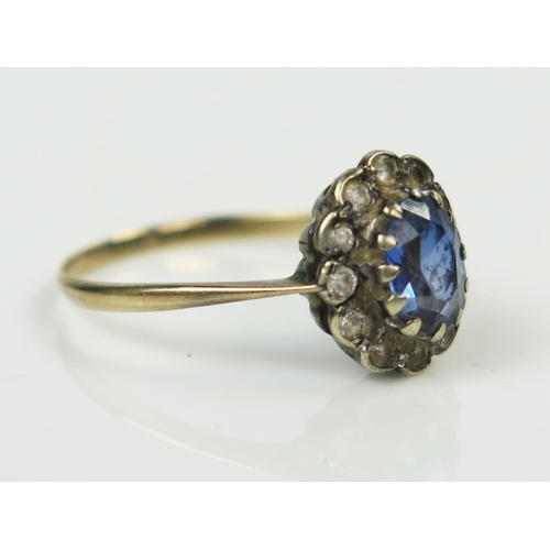 33 - Blue Spinel and White Stone Cluster Ring, unclear stamped marks 9 or 18ct, 11x10mm head, size O, 1.9... 