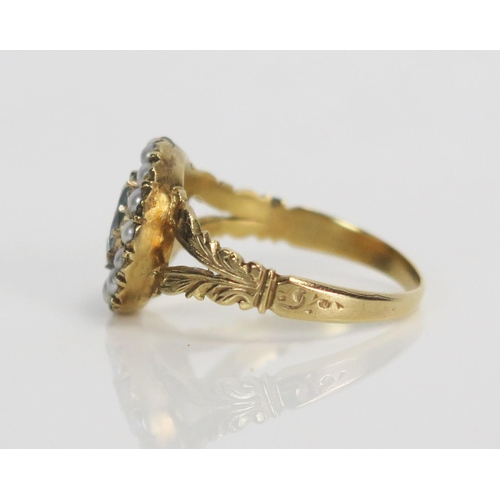 331 - Early Victorian Foil Backed Paste and Pearl Cluster Ring in an unmarked high carat gold setting with... 