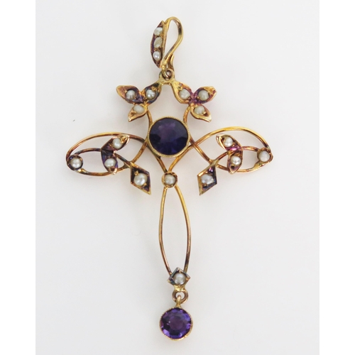 349 - 9ct Gold, Amethyst and Pearl Pendant, 49mm drop, 2.4g