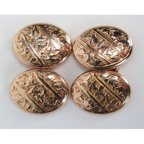 350 - Pair of 9ct Gold and Foliate Chased Oval Cufflinks, 4.4g