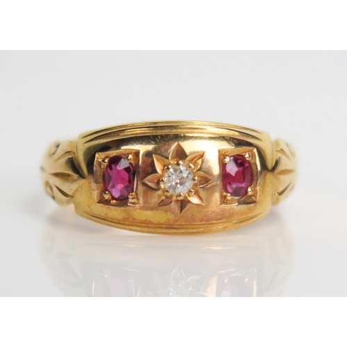 352 - Ruby and Old Cut Diamond Three Stone Ring in an unmarked high carat gold setting, size P.25, 4g