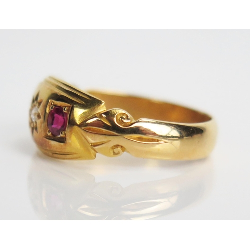 352 - Ruby and Old Cut Diamond Three Stone Ring in an unmarked high carat gold setting, size P.25, 4g