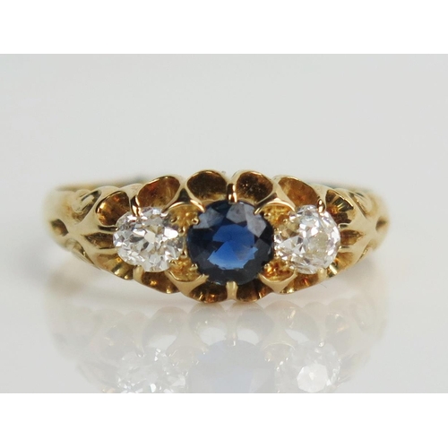 358 - Antique 18ct Gold, Sapphire and old Cut Diamond three Stone Ring, Birmingham 1908, size J.5, 2.7g