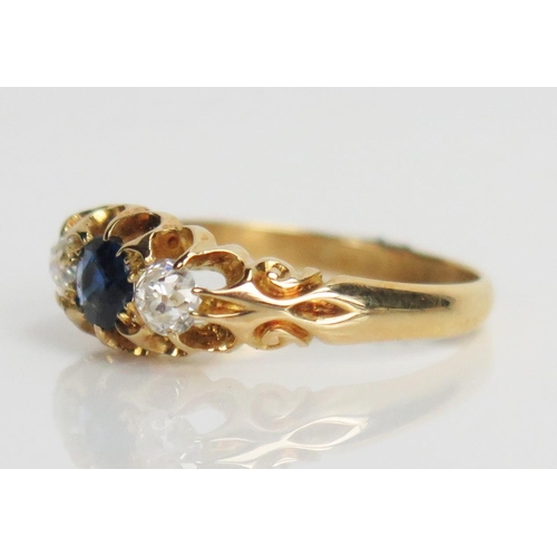 358 - Antique 18ct Gold, Sapphire and old Cut Diamond three Stone Ring, Birmingham 1908, size J.5, 2.7g