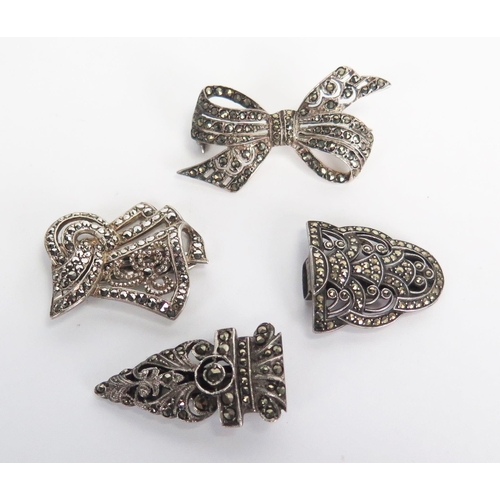 366 - Silver and Marcasite Clips and Brooch