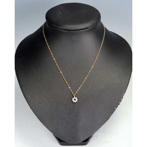 368 - 9ct Gold, Sapphire and White Stone pendant on 9ct gold chain, 1.2g