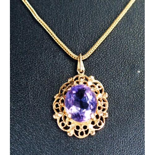 370 - 9ct Gold and Amethyst Pendant on chain, 29mm drop, 5.6g