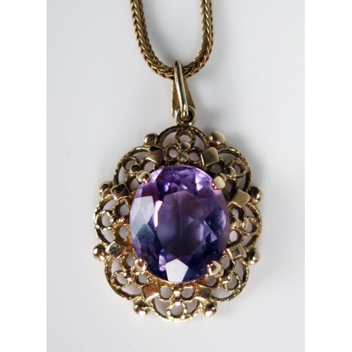 370 - 9ct Gold and Amethyst Pendant on chain, 29mm drop, 5.6g