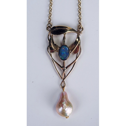 376 - Art Nouveau Style Baroque Pearl and Black Opal Pendant in a hallmarked 9ct gold setting, 21.77