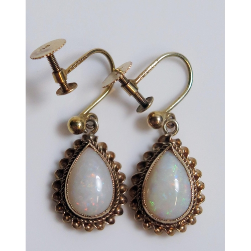 378 - Pair of 9ct Gold and Opal Tear Drop Screw Earrings, c. 20mm drop, 2.6g