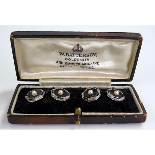 379 - Pair of Art Deco Platinum, Onyx and Pearl Cufflinks, W. Battersby Box, 11.8g