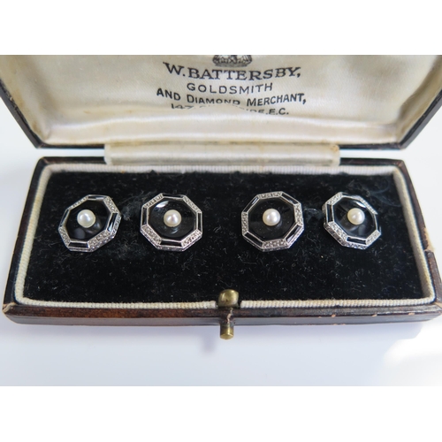 379 - Pair of Art Deco Platinum, Onyx and Pearl Cufflinks, W. Battersby Box, 11.8g