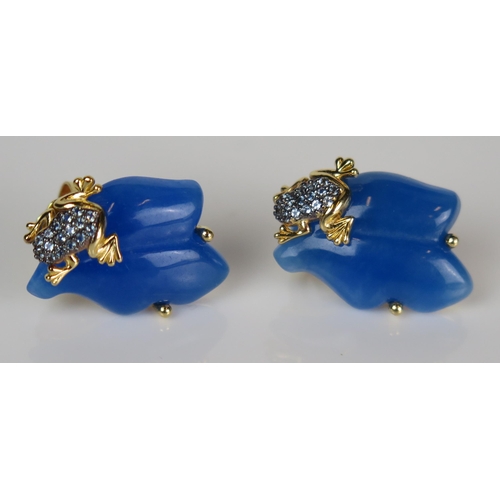 384 - Pair of Silver Gilt and Blue Hardstone Earrings decorated with applied frogs