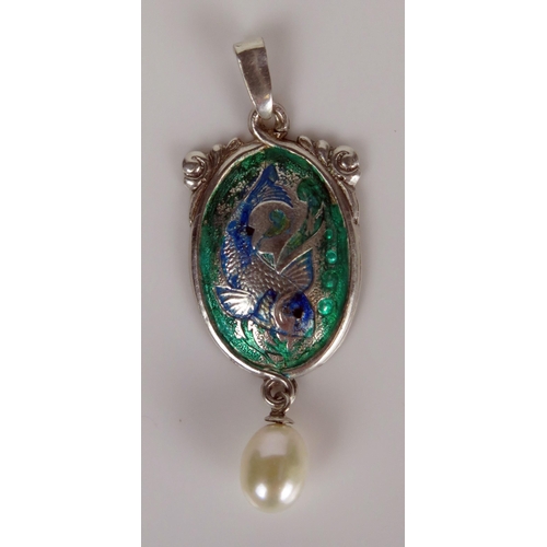 385 - Charles Horner, Enamel and Pearl Drop Pendant decorated with a carp, 42mm drop, 2.5g