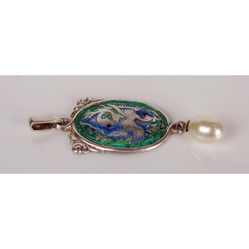 385 - Charles Horner, Enamel and Pearl Drop Pendant decorated with a carp, 42mm drop, 2.5g