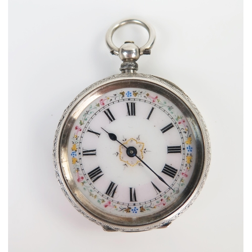 398 - Ladies Silver Fob Watch with chased foliate decoration and floral decorated enamel dial, 41mm case