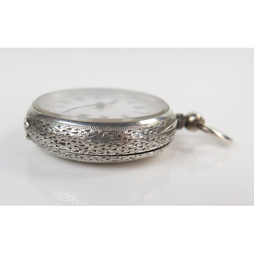 398 - Ladies Silver Fob Watch with chased foliate decoration and floral decorated enamel dial, 41mm case