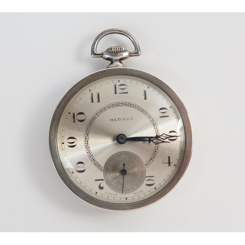 400 - MEDANA Art Deco Silver Cased Open Dial Pocket Watch, 47mm case. Running