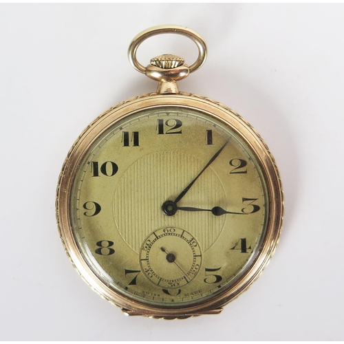 425 - 9ct Gold Cased Open Dial Pocket Watch, 47mm case with 15 jewel movement, 17.42g gold nett. Needs att... 